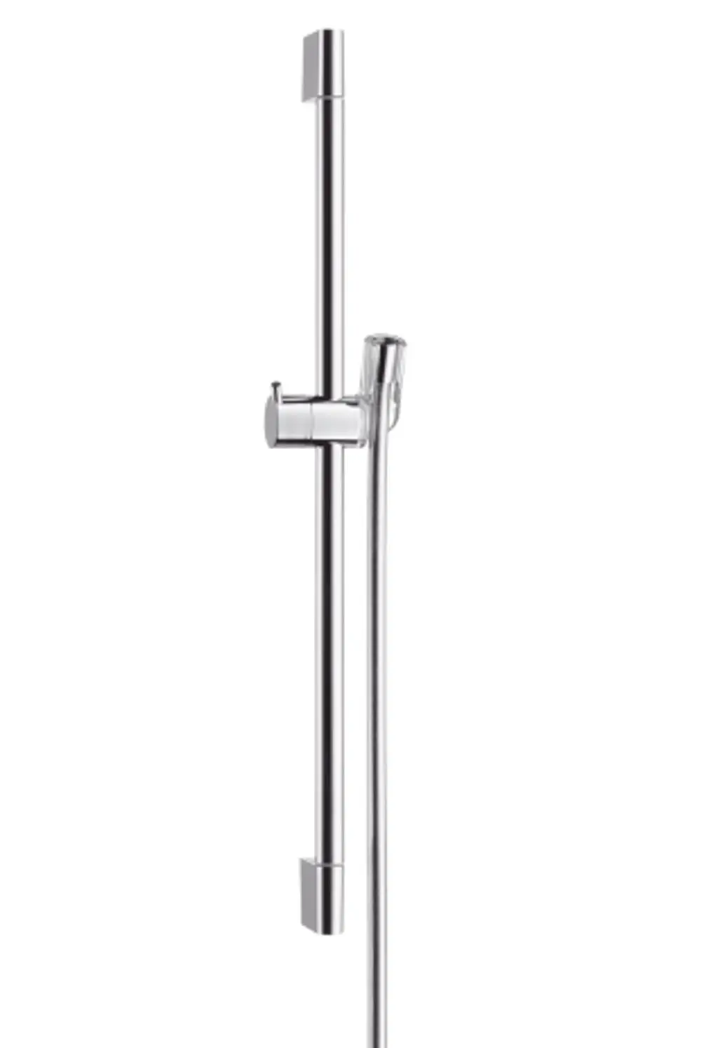 Helle, verchromte Brausestange von Hansgrohe, vertikal montiert, mit flexiblen Schlauchanschlüssen für die Dusche.